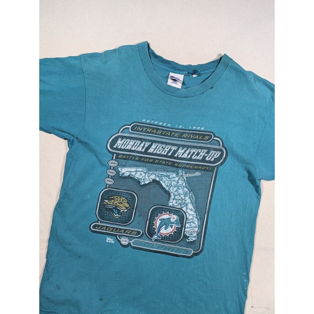 Vintage 90s Thrashed Pro Player Jaguars Dolphins MNF Teal Shirt L Distressed